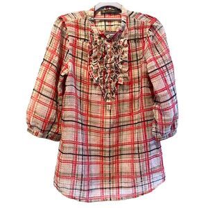 Outback Red Sheer Plaid Balloon Sleeve Ruffled Tunic Top Red Cream Size Small